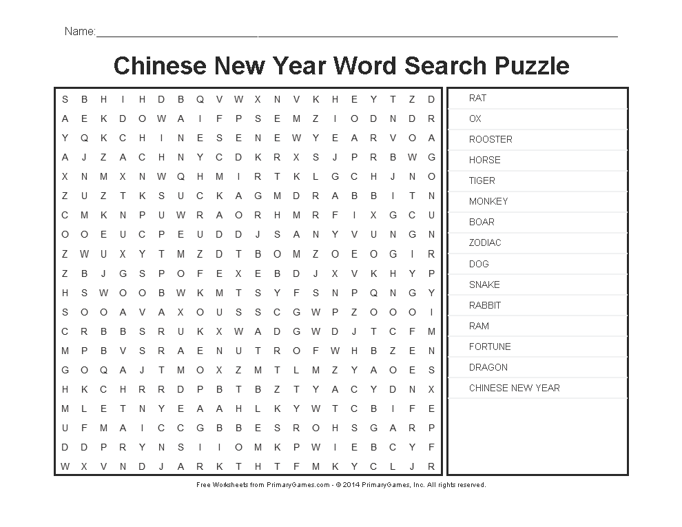 Chinese New Year Worksheets Chinese New Year Word Search Puzzle 