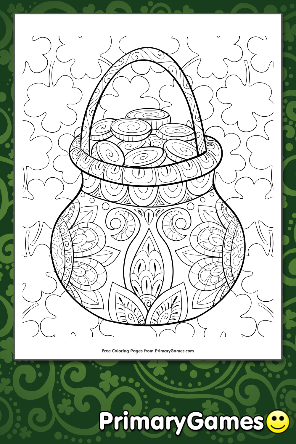 Zentangle Pot Of Gold Coloring Page | Printable St. Patrick's Day