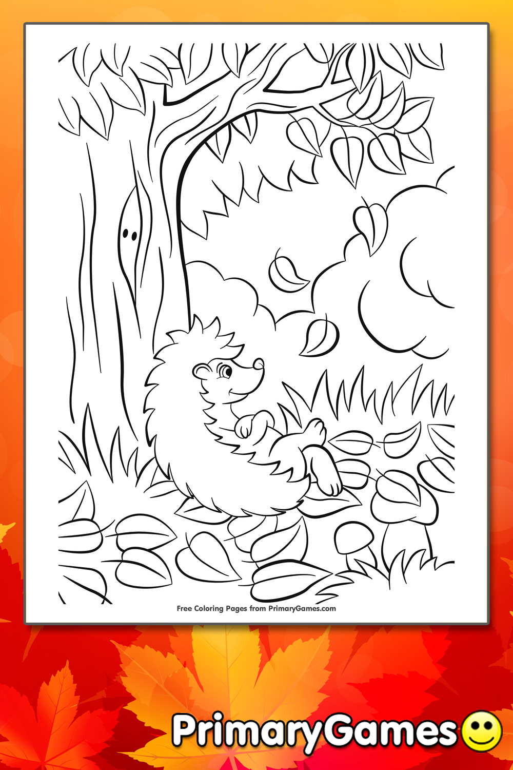 Hedgehog with Fall Leaves Coloring Page | Printable Fall Coloring eBook