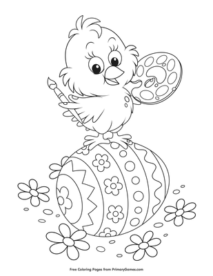chick standing on painted egg coloring page • free printable