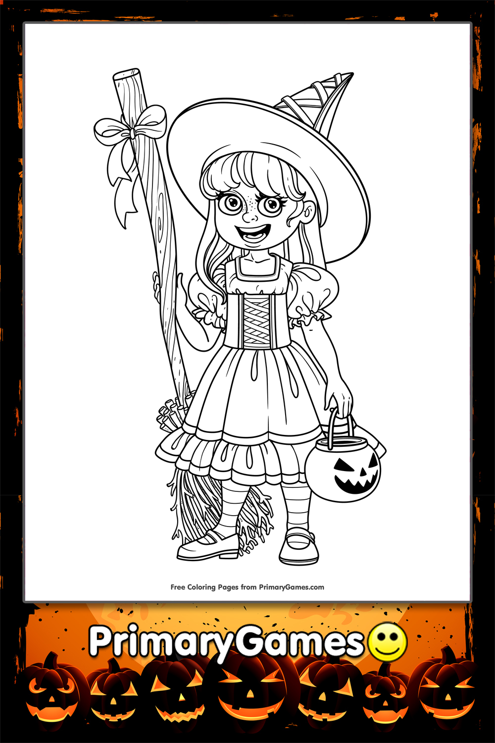 Halloween Coloring Set With Beautiful Witch Girls In Costumes