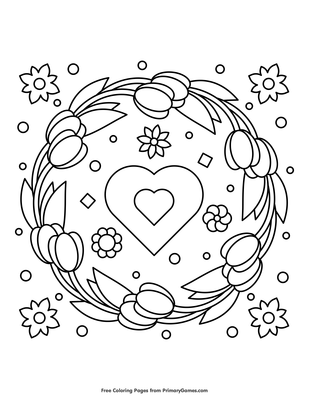 tulip wreath and heart coloring page • free printable pdf